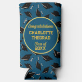 卒業パーティーおめでとうブルーと金ゴールド スリム缶クーラー (正面)