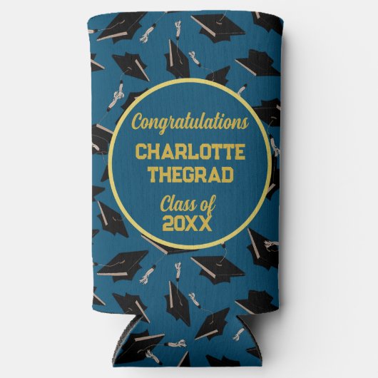 卒業パーティーおめでとうブルーと金ゴールド スリム缶クーラー (正面)