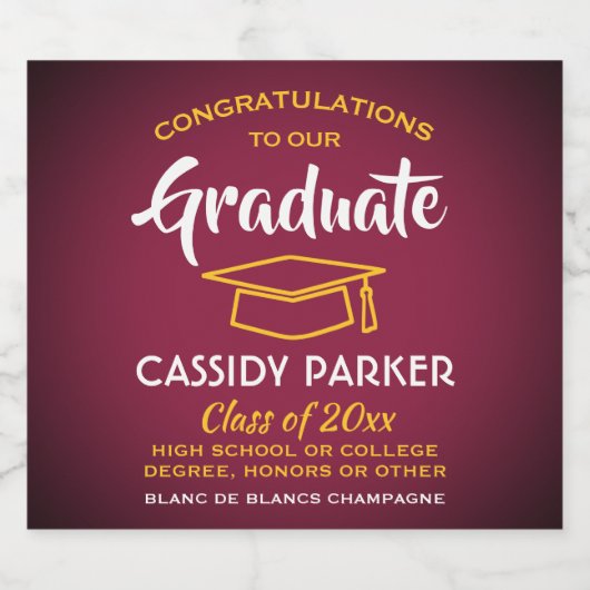卒業パーティーおめでとうマルーンレッド金ゴールドイエロー スパークリングワインラベル (シングルラベル)