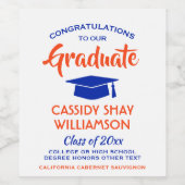 卒業パーティーおめでとうモダンオレンジとブルー ワインラベル (シングルラベル)