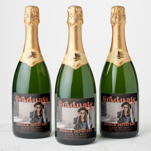 卒業パーティーおめでとう写真オレンジ スパークリングワインラベル (ボトル)