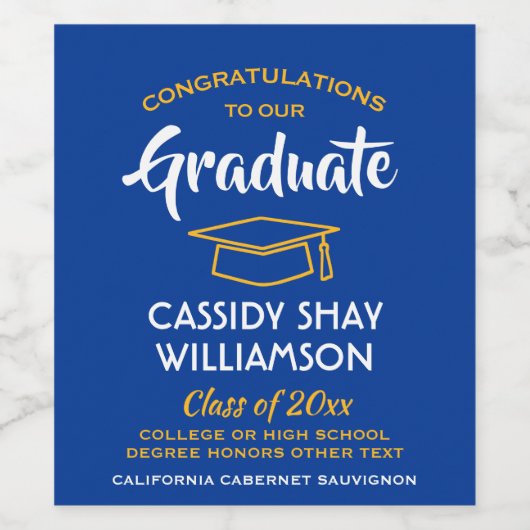 卒業パーティーおめでとう王室のブルー金ゴールド黄 ワインラベル (シングルラベル)