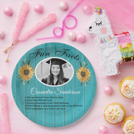 卒業パーティーおもしろいファクトひまわりティール（緑がかった色）ウッド ペーパープレート (パーティー)
