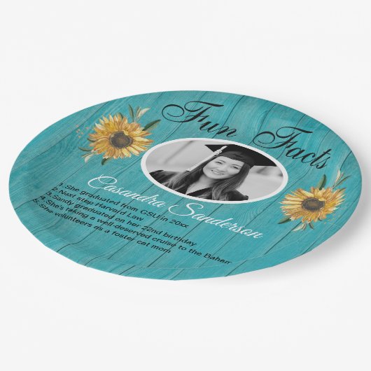 卒業パーティーおもしろいファクトひまわりティール(緑がかった色)ウッド ペーパープレート (アングル)