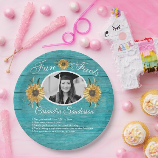 卒業パーティーおもしろいファクトひまわりティール（緑がかった色）ウッド ペーパープレート (パーティー)