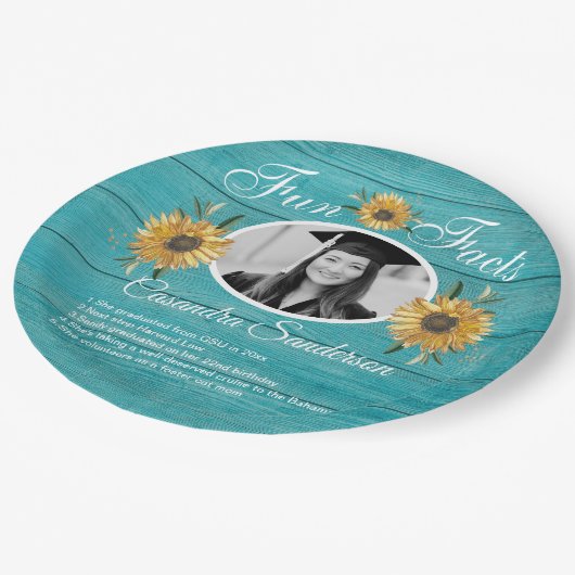 卒業パーティーおもしろいファクトひまわりティール(緑がかった色)ウッド ペーパープレート (アングル)