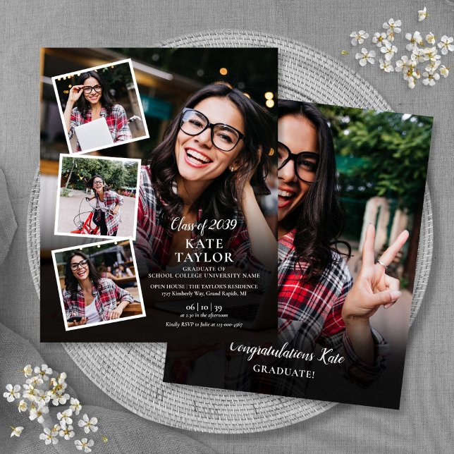 卒業パーティーお得なフォトコラージュ招待状 (Photo Collage Graduation Party Budget Invitation)