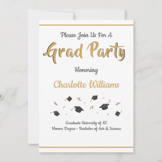 卒業パーティーお祝い金ゴールド 招待状 (正面)