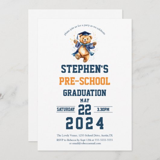 卒業パーティーかわいいテディベア 招待状 (正面/裏面)
