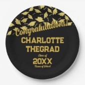 卒業パーティーが黒いパーソナライズされた金ゴールドを供給 ペーパープレート (正面)