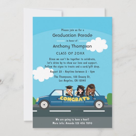 卒業パーティーで運転するシニア女性の写真 招待状 (正面)