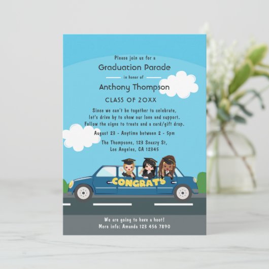 卒業パーティーで運転するシニア女性の写真 招待状 (スタンド正面)