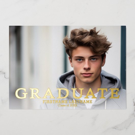 卒業パーティーと4枚の写真ネイビーと金ゴールド 箔招待状 (正面)