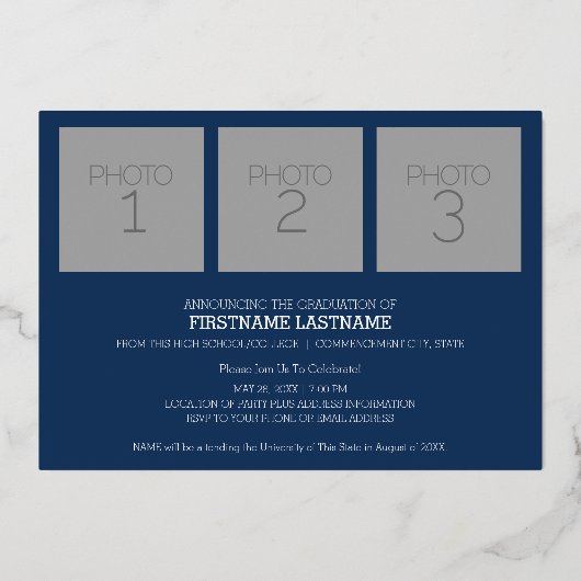 卒業パーティーと4枚の写真ネイビーと金ゴールド 箔招待状 (裏面)