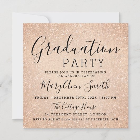 卒業パーティーのばら色の金ゴールドのグリッターのペンキ 招待状 (正面)