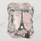 卒業パーティーのぼろぼろのシックなエッフェル塔及びバラ 招待状 (正面/裏面)