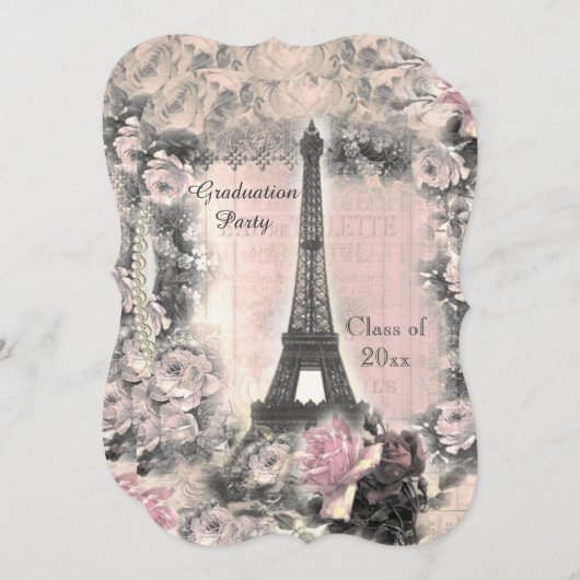 卒業パーティーのぼろぼろのシックなエッフェル塔及びバラ 招待状 (正面/裏面)
