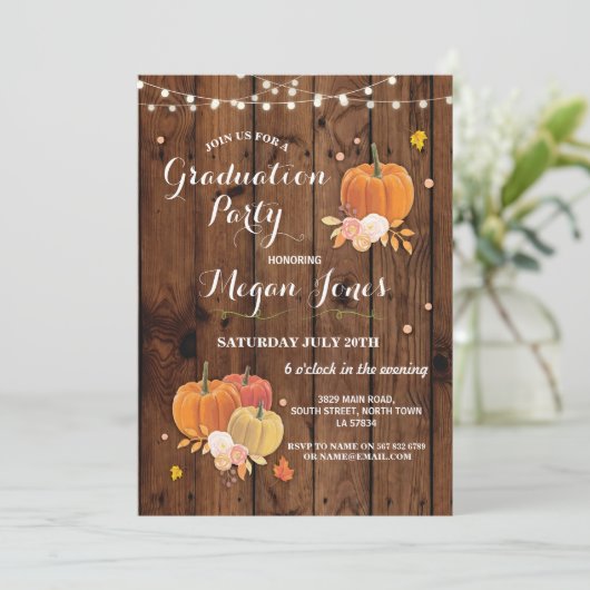 卒業パーティーのカボチャ素朴な木製ライト招待 招待状 (スタンド正面)