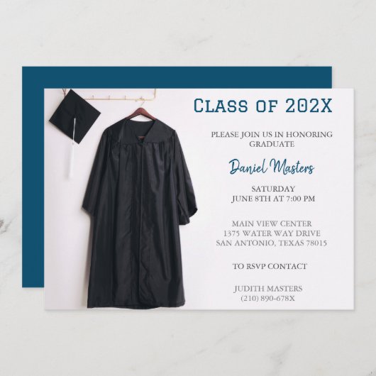卒業パーティーのキャップとガウンの招待状 招待状 (正面/裏面)