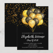 卒業パーティーのゴールド＆ブラック風船＆コンフェッティ 招待状 (正面/裏面)