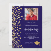 卒業パーティーのダークブルーの金ゴールド紙吹雪写真 招待状 (正面)