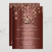 卒業パーティーのドリップ ローズゴールド キャップ 3D エフェクト ブロンズ 招待状 (正面/裏面)