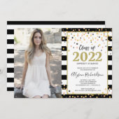 卒業パーティーのバラ金ゴールド白黒写真招待 招待状 (正面/裏面)