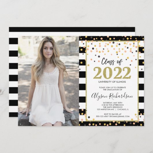 卒業パーティーのバラ金ゴールド白黒写真招待 招待状 (正面/裏面)