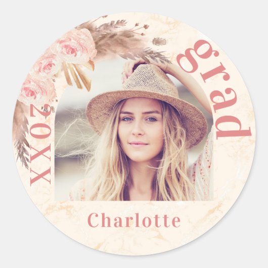 卒業パーティーのパンパスグラス赤面花模様写真 ラウンドシール (正面)