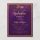 卒業パーティーのパープル金ゴールド紙吹雪 インビテーションポストカード (正面)
