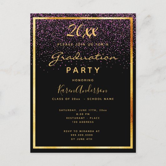 卒業パーティーのブラックグラム金ゴールド招待 ポストカード (正面)