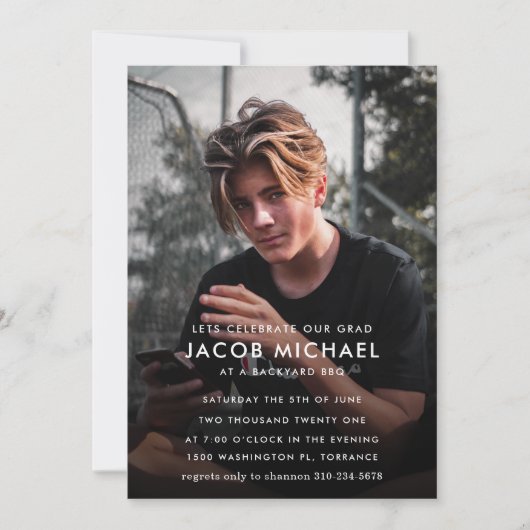 卒業パーティーのミニマル写真 招待状 (正面)