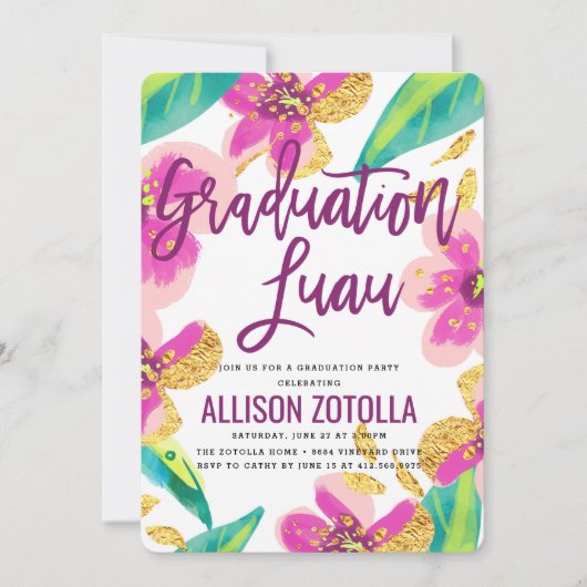 卒業パーティーのルアウ（ハワイ式宴会）の熱帯パーティー 招待状 (正面)