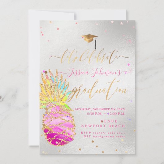 卒業パーティーのルアウ、輝くピンクのパイナップル 招待状 (正面)