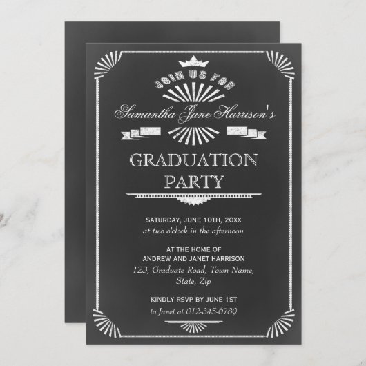 卒業パーティーのヴィンテージの黒板のアールデコ 招待状 (正面/裏面)