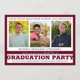卒業パーティーの写真３枚　マロンレッド＆シルバー 招待状