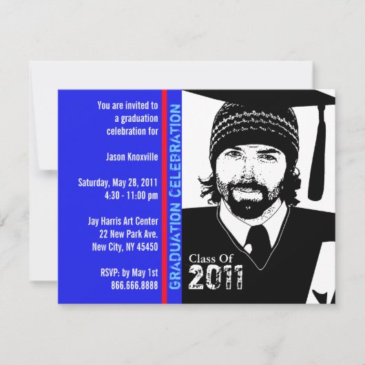 卒業パーティーの招待状おもしろいの漫画の帽子のガウン 招待状 (正面)