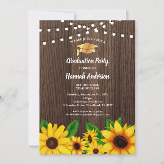 卒業パーティーの招待状。ひまわり素朴な木 招待状 (正面)