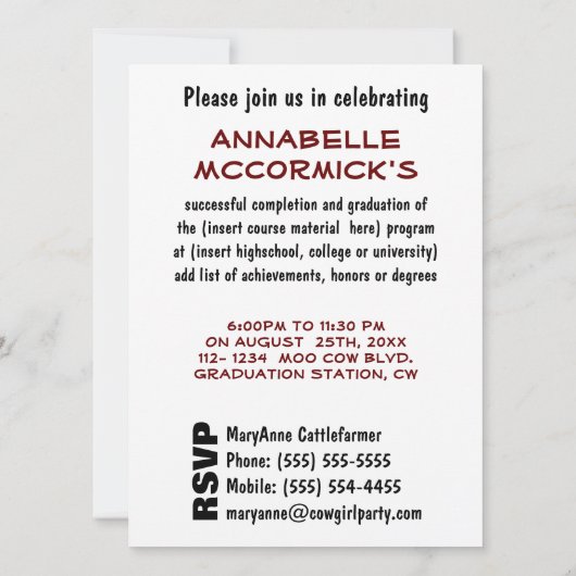 卒業パーティーの招待-卒業生の帽子のおもしろいな牛 招待状 (裏面)