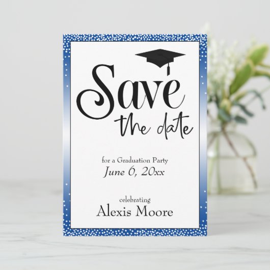 卒業パーティーの日付を青で黒に保存 招待状 (スタンド正面)