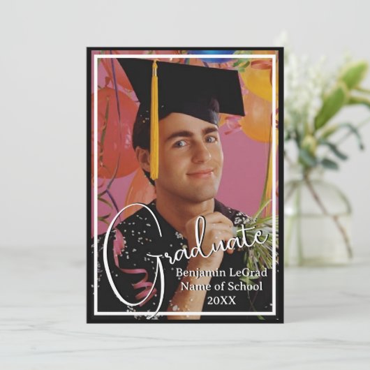 卒業パーティーの白黒の写真 招待状 (スタンド正面)