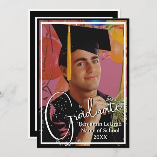 卒業パーティーの白黒の写真 招待状 (正面/裏面)