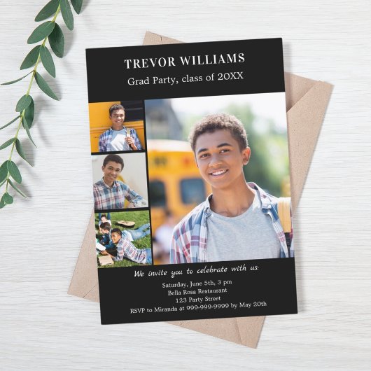 卒業パーティーの白黒写真コラージュ 招待状