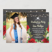 卒業パーティーの素朴な赤いバラのチョークの写真 招待状 (正面/裏面)