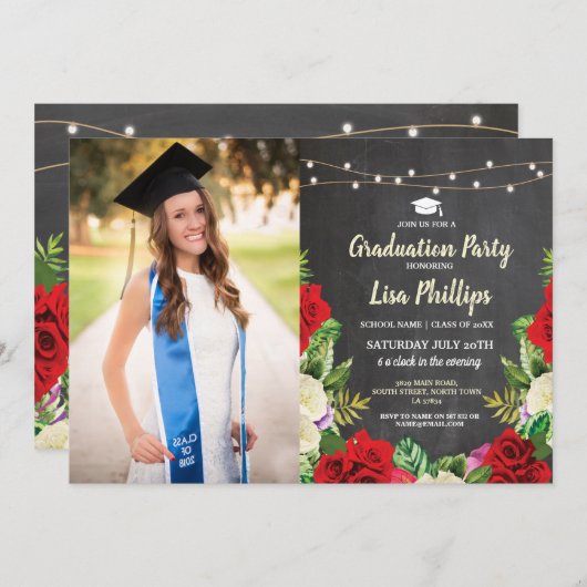 卒業パーティーの素朴な赤いバラのチョークの写真 招待状 (正面/裏面)
