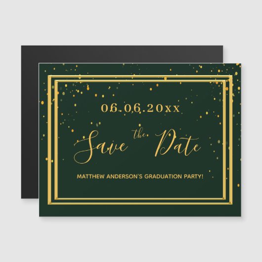 卒業パーティーの緑の金ゴールドは日付の磁石を保存 マグネット招待状 (正面/裏面)