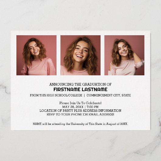 卒業パーティーの脚本の大学院モダン写真 箔招待状 (裏面)