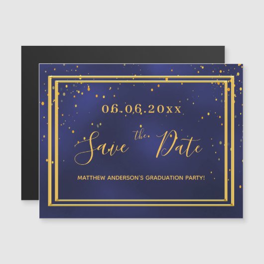 卒業パーティーの青い金ゴールドは日付の磁石を保存 マグネット招待状 (正面/裏面)
