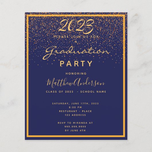 卒業パーティーの青い金ゴールド2023予算招待状 チラシ (正面)
