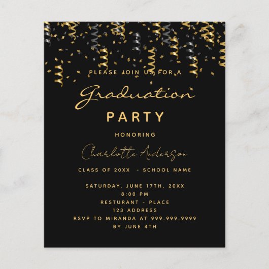 卒業パーティーの黒い金ゴールド予算の招待 チラシ (正面)